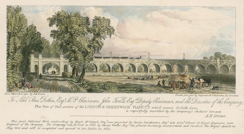 Zicht op een deel van het London en Greenwich Viaduct, waar het Corbetts Lane kruist, Londen door English School
