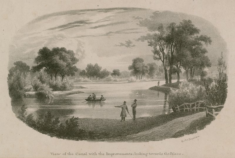 Uitzicht op het kanaal, St Jamess Park, Londen, voor de verbeteringen door English School