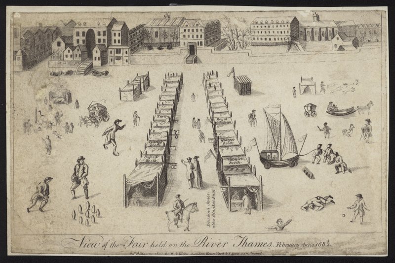 Uitzicht op de kermis gehouden op de rivier de Theems, 1683-1684 door English School
