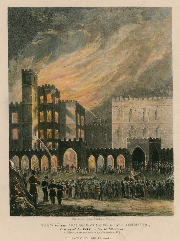 Uitzicht op de Huizen van Lords en Commons, vernietigd door brand op 16 oktober 1834 door English School