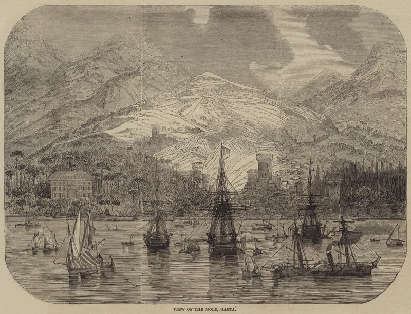 Uitzicht op de pier, Gaeta (gravure) door English School