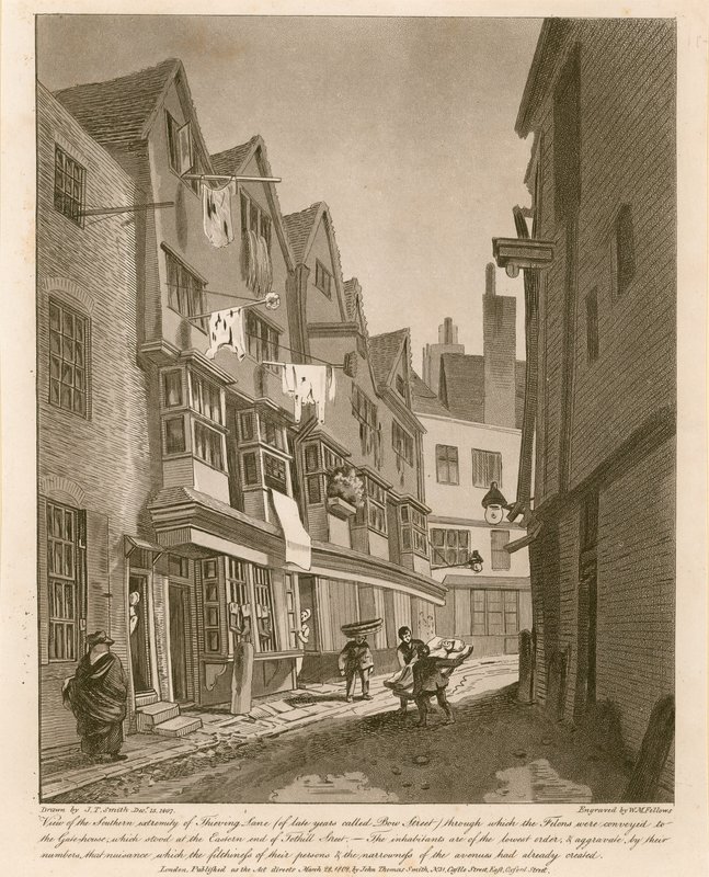 Uitzicht op het zuidelijke uiteinde van Thieving Lane (de laatste jaren Bow Street genoemd) door English School