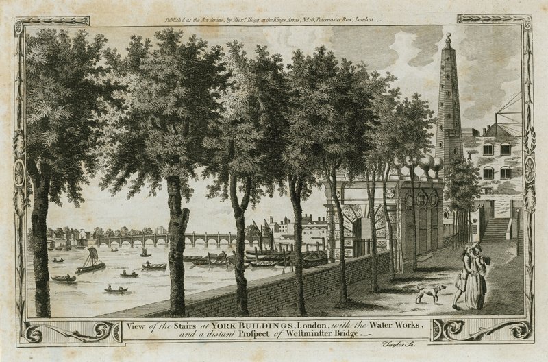 Aanblik van de trappen van York Buildings, Londen met de waterwerken en het verre uitzicht op Westminster Bridge door English School