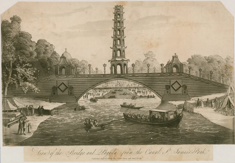 Uitzicht op de brug en pagode vanaf het kanaal, St James