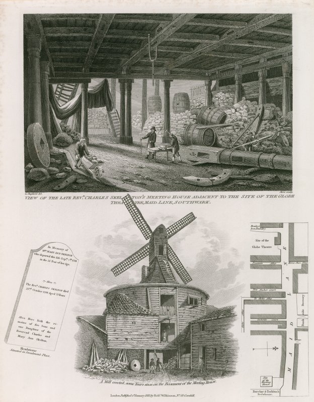 Uitzicht op het ontmoetingshuis van de overleden eerwaarde Charles Skelton naast de locatie van het Globe Theatre door English School