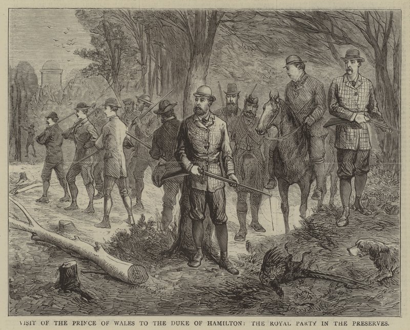Bezoek van de Prins van Wales aan de Hertog van Hamilton, het koninklijk gezelschap in de reservaten (gravure) door English School