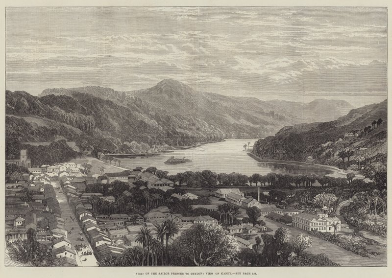 Bezoek van de Zeemansprinsen aan Ceylon, uitzicht op Kandy (gravure) door English School
