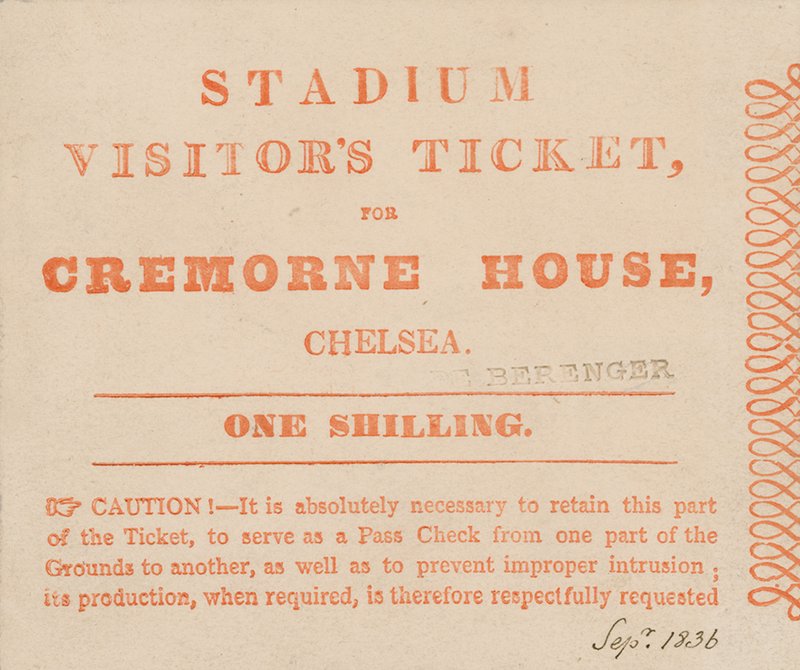 Bezoekerskaartje voor het stadion, Cremorne House, Londen, september 1836 door English School