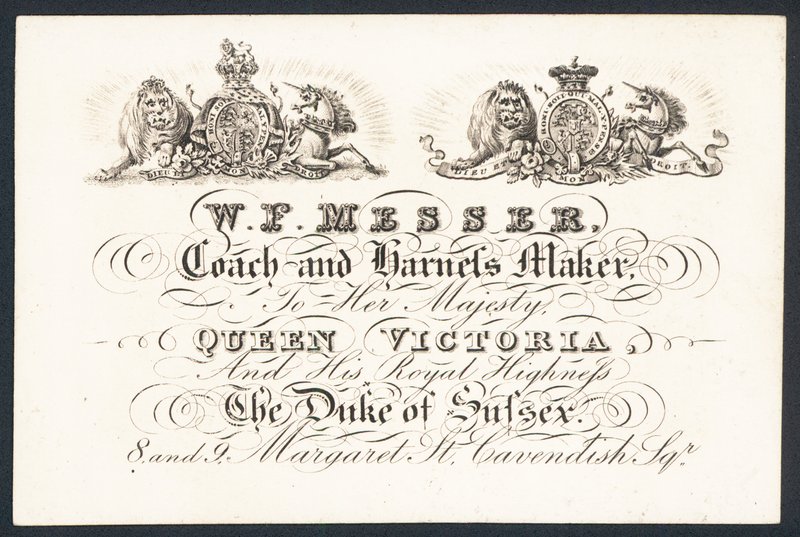 W F Messer, koets- en harnasmaker voor hare majesteit koningin Victoria en de hertog van Sussex door English School