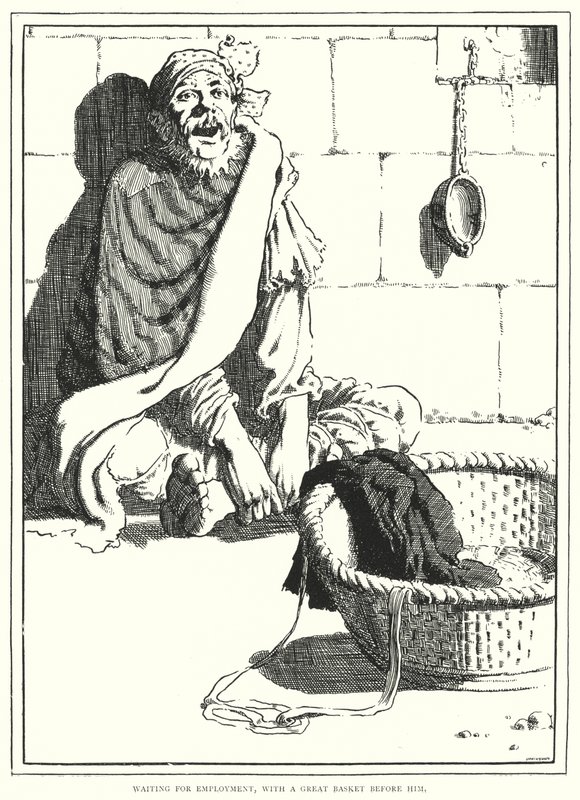 Wachten op werk, met een grote mand voor hem (gravure) door English School