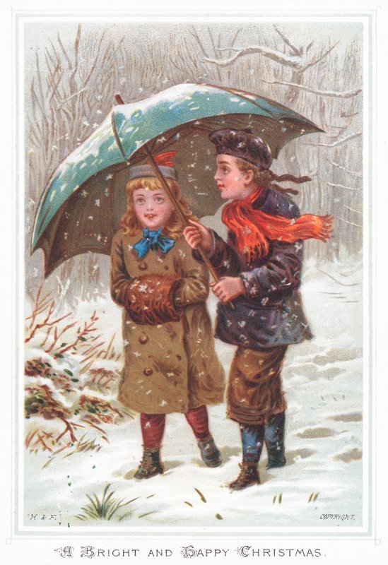 Wandelen onder paraplu in sneeuwstorm, Kerstkaart door English School