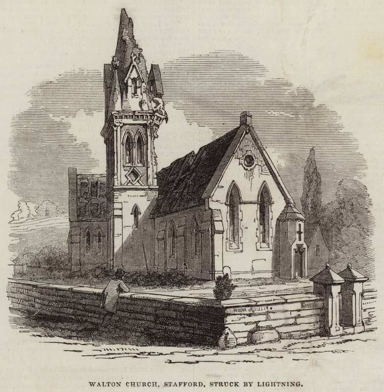 Walton Church, Stafford, getroffen door bliksem door English School
