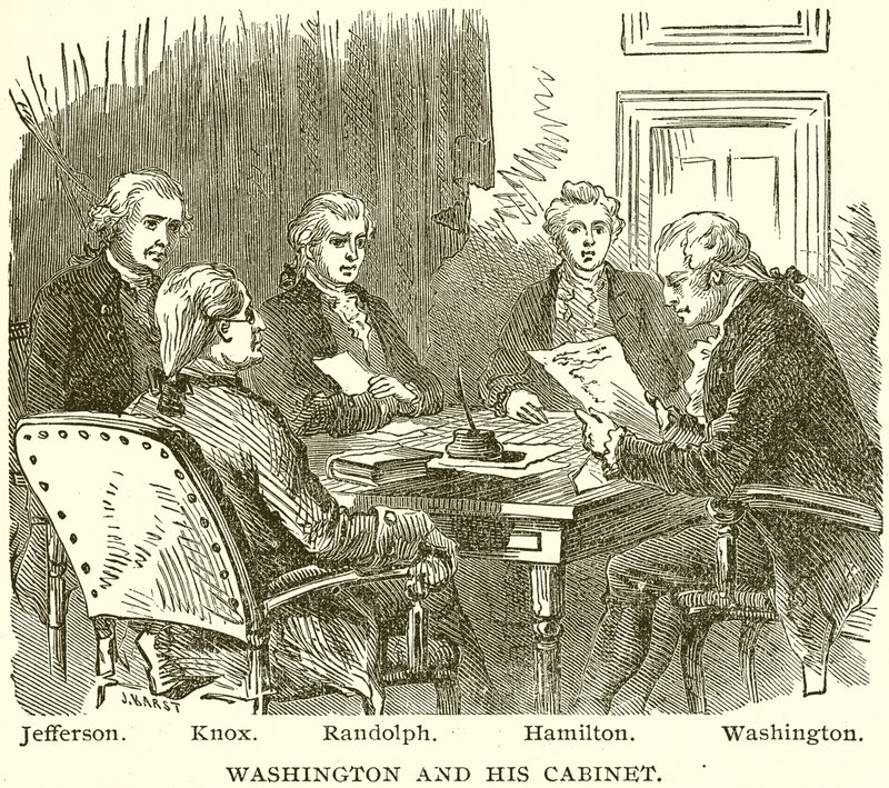 Washington en zijn kabinet. Jefferson. Knox. Randolph. Hamilton. Washington door English School