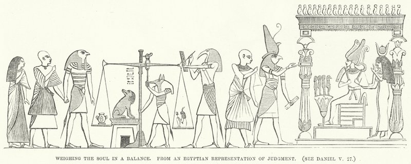 Het wegen van de ziel in een balans, uit een Egyptische voorstelling van het oordeel door English School