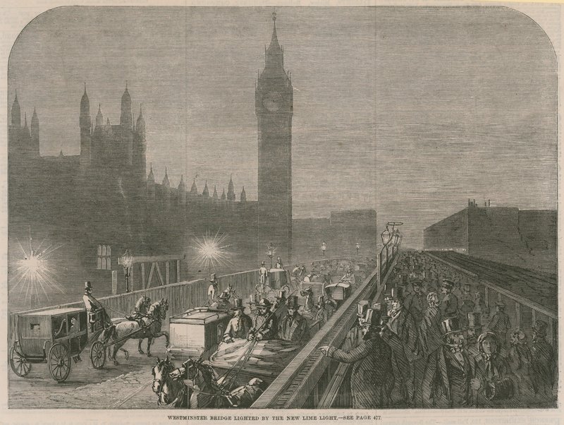 Westminster Bridge verlicht door het nieuwe kalklicht door English School