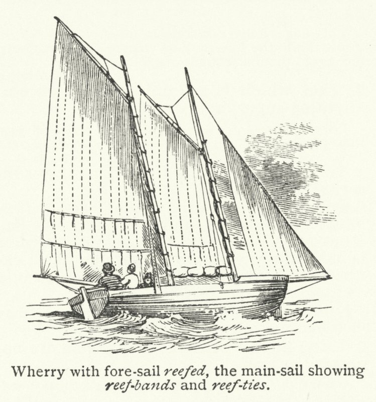 Wherry met gereefd voorzeil, het grootzeil met reefbanden en reef-ties (gravure) door English School