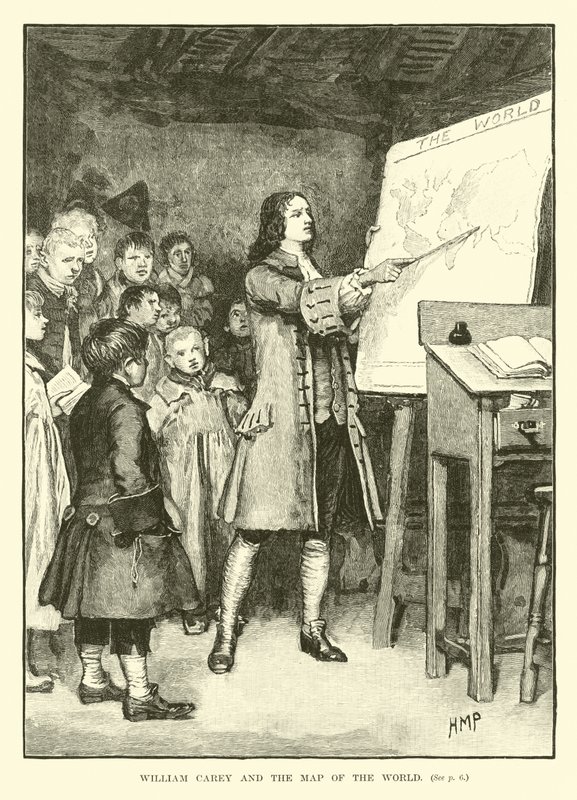 William Carey en de kaart van de wereld door English School