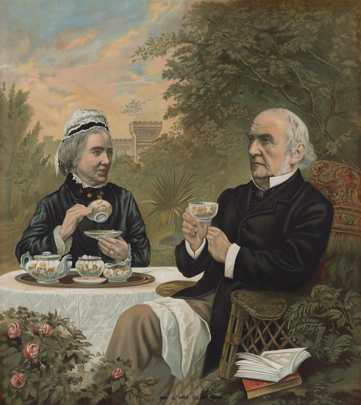 William Ewart Gladstone, Britse liberale politicus en premier, drinkt thee met zijn vrouw Harriet, 1891 door English School