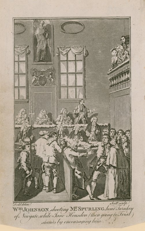 William Johnson schiet Mr Spurling, hoofdportier van Newgate, terwijl Jane Housden (toen op weg naar het proces) hem aanmoedigt door English School