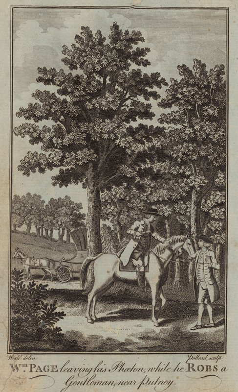 William Page verlaat zijn Phaeton terwijl hij een heer nabij Putney berooft door English School