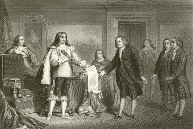 William Penn ontvangt het Handvest van Pennsylvania van Karel II door English School