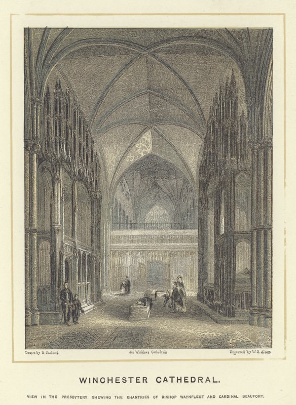 Winchester Kathedraal, presbyterium met de kapellen van Bisschop Waynfleet en Kardinaal Beaufort door English School