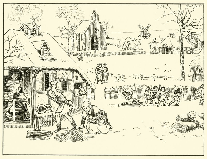 Winterscène in een Dorp. 14e Eeuw door English School