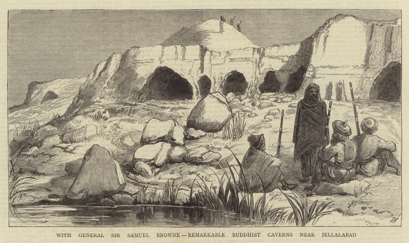 Met Generaal Sir Samuel Browne, opmerkelijke Boeddhistische Grotten bij Jellalabad (gravure) door English School