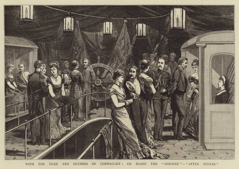 Met de Hertog en Hertogin van Connaught, aan boord van de "Osborne", "Na het diner" (gravure) door English School