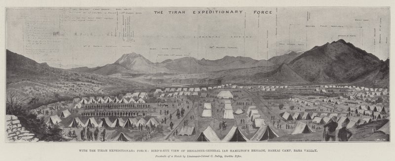 Met de Tirah Expeditionaire Macht, vogelvlucht van de brigade van brigadegeneraal Ian Hamilton, Barkai-kamp, Bara-vallei door English School