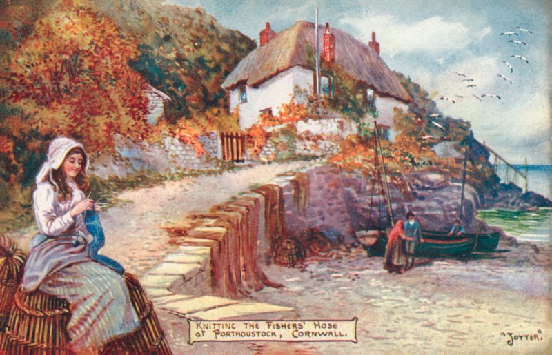 Vrouw die visserssokken breit, Porthoustock, Cornwall door English School
