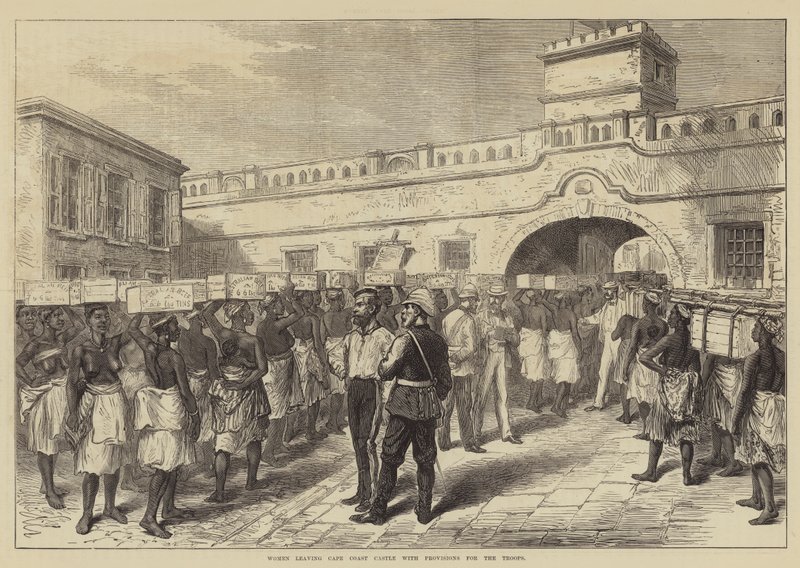 Vrouwen verlaten Cape Coast Castle met proviand voor de troepen door English School