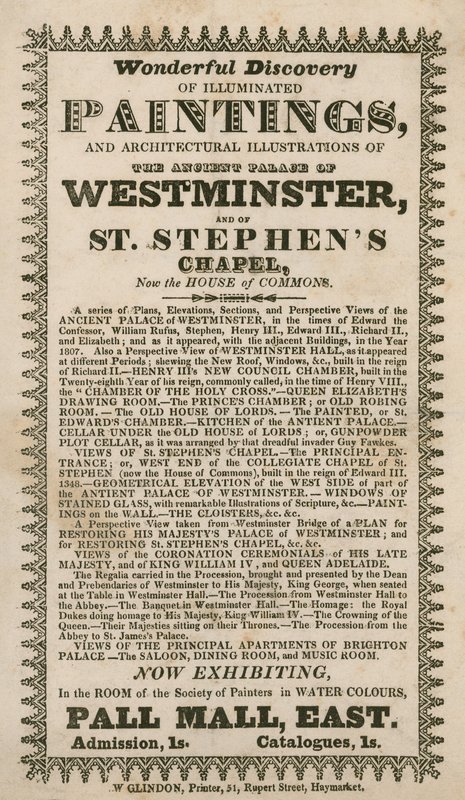 Wonderbaarlijke ontdekking van verlichte schilderijen en architecturale illustraties van het oude Palace of Westminster en van St. Stephens Chapel, nu het Lagerhuis door English School