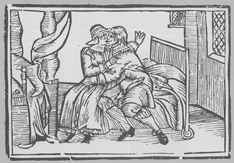 Houtsnede van een man en een vrouw zittend op een bed door English School