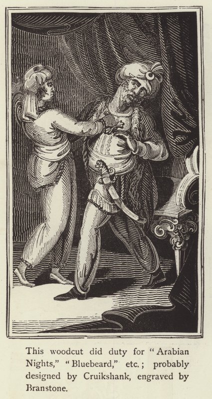 Houtsnede die dienst deed voor Arabian Nights, Blauwbaard, enz. door English School