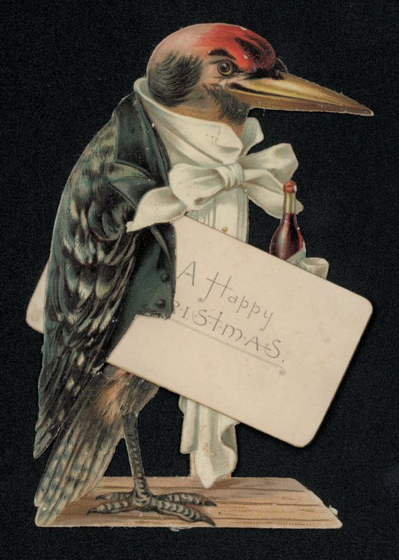 Specht verkleed als ober of butler, kerstgroetkaart door English School