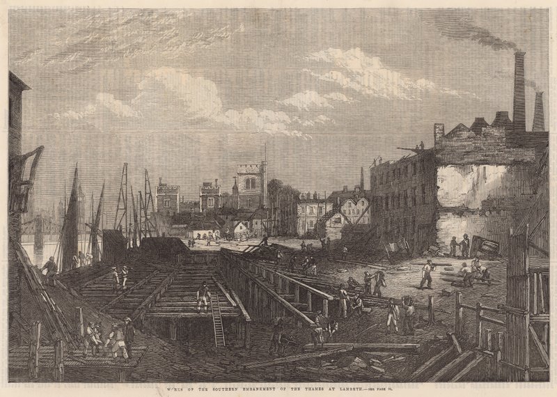 Werken aan de zuidelijke Embankment van de Thames bij Lambeth door English School