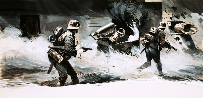 Soldaten uit de Tweede Wereldoorlog vallen een bunker aan met een vlammenwerper door English School