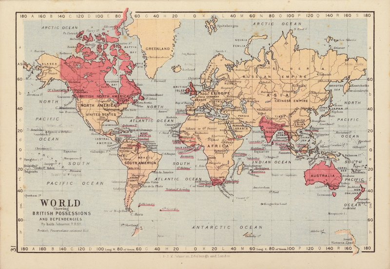 Wereld met Britse bezittingen en afhankelijkheden door English School