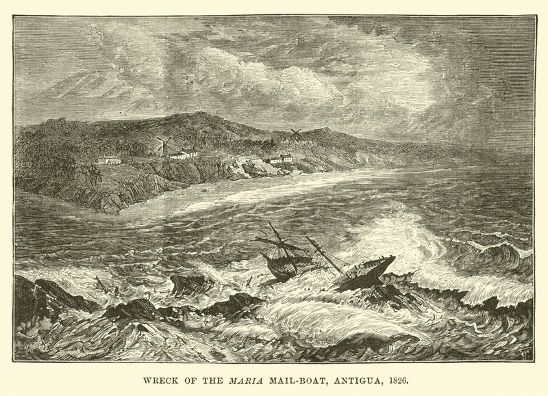 Schipbreuk van de Maria Mail-boot, Antigua, 1826 door English School