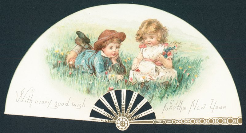 Jong meisje en jongen spelen in het gras, Nieuwjaarskaart door English School