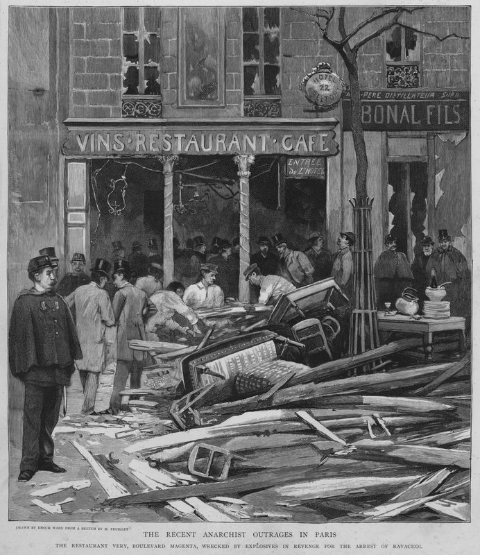 Anarchistische terreur in Parijs: bombardement op Restaurant Very op de Boulevard de Magenta als wraak voor de arrestatie van Ravachol, 25 april 1892 door Enoch Ward