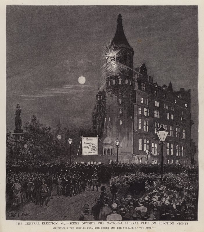Aankondiging van de resultaten van de algemene verkiezingen van 1892 vanuit de Liberal Club, Westminster, Londen door Enoch Ward