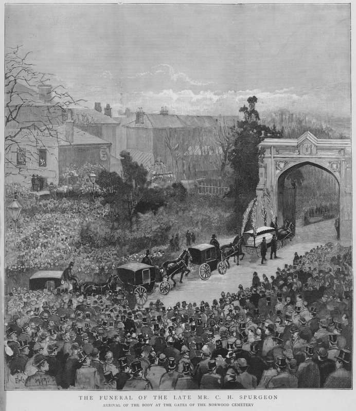 Begrafenisstoet met het lichaam van de Engelse predikant Charles Haddon Spurgeon arriveert bij de poorten van Norwood Cemetery, Londen door Enoch Ward