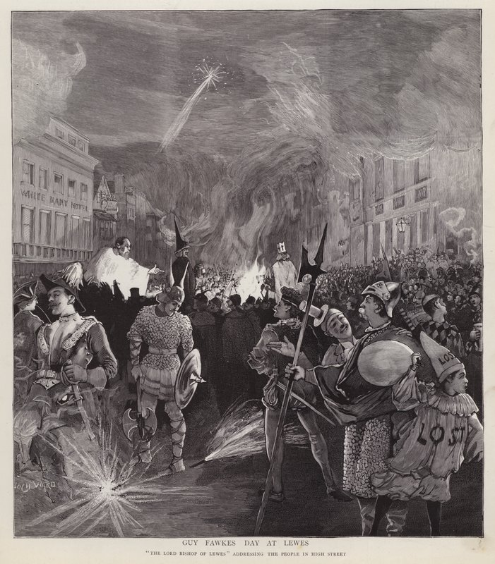 Guy Fawkes Day optocht in Lewes, Sussex, 5 november 1892 door Enoch Ward