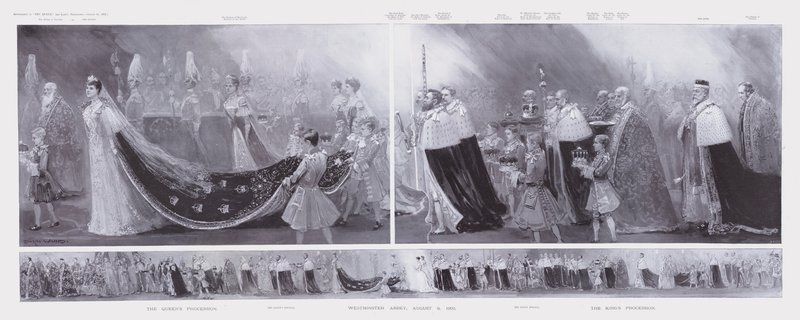 De processies van de koning en koningin, kroning van koning Edward VII en koningin Alexandra, Westminster Abbey, Londen door Enoch Ward