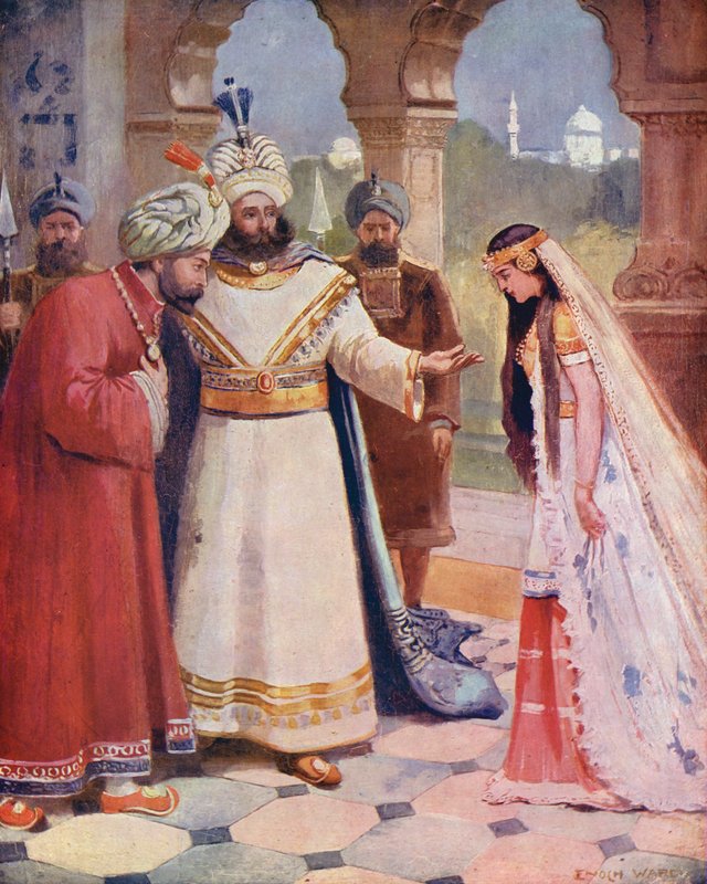 De koning presenteert Sindbad aan een dame van het hof door Enoch Ward