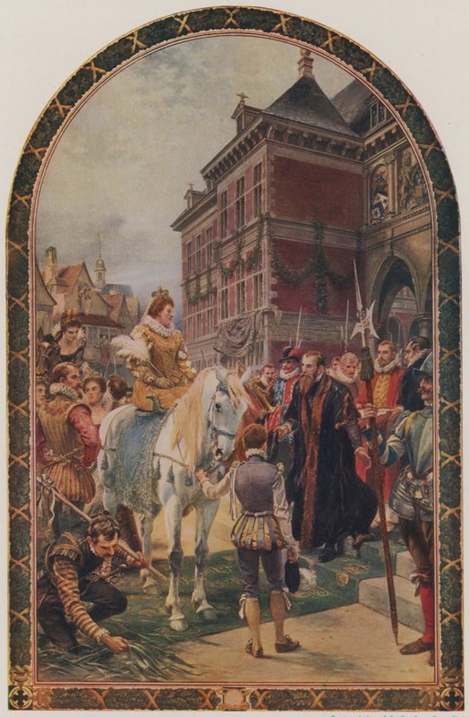 De opening van de eerste Royal Exchange door Koningin Elizabeth I, Londen, 23 januari 1571 door Ernest Crofts