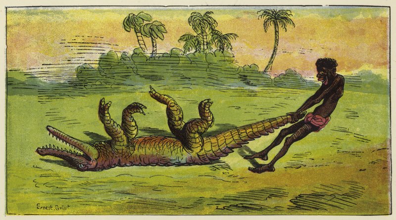 Ashanti-man die een slapende krokodil bij de staart sleept door Ernest Henry Griset