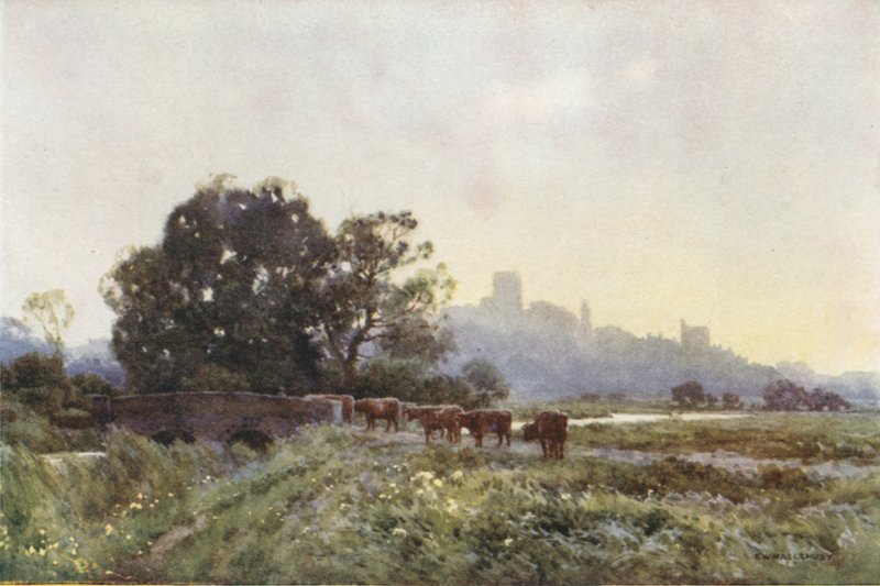 Dorchester vanuit de Weiden (kleur litho) door Ernest William Haslehust